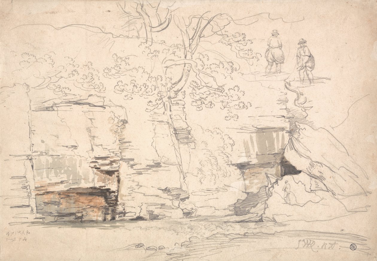 Een rotsachtige heuvel met bomen en figuren door James Ward
