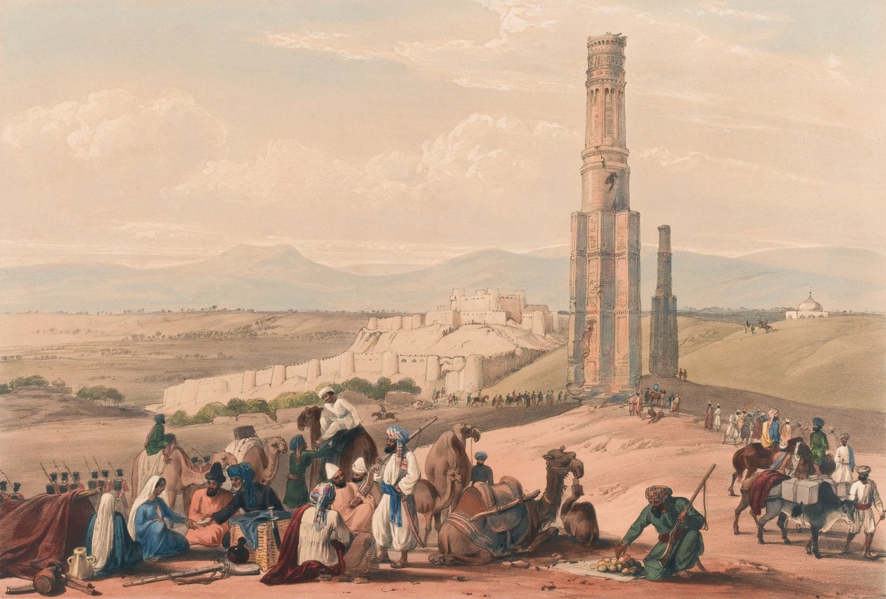 Het fort en de citadel van Ghuznee en de twee Minars, ca. 1839 door James (after) Atkinson