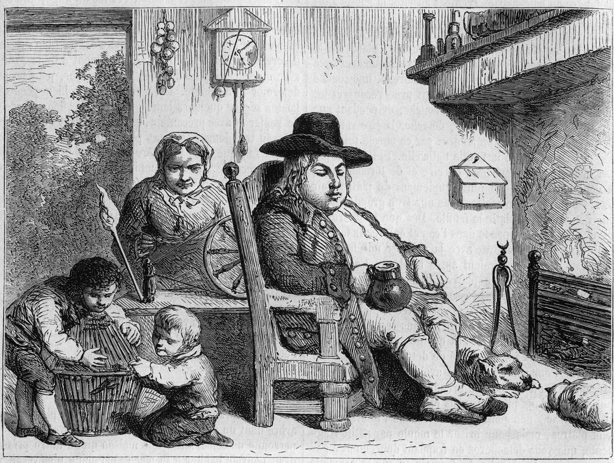 John Bull gelukkig: John Bull (typisch Engels personage, symbool van Engeland) thuis met zijn vrouw en kinderen. Gravure door Gilbert naar Gillray. In 