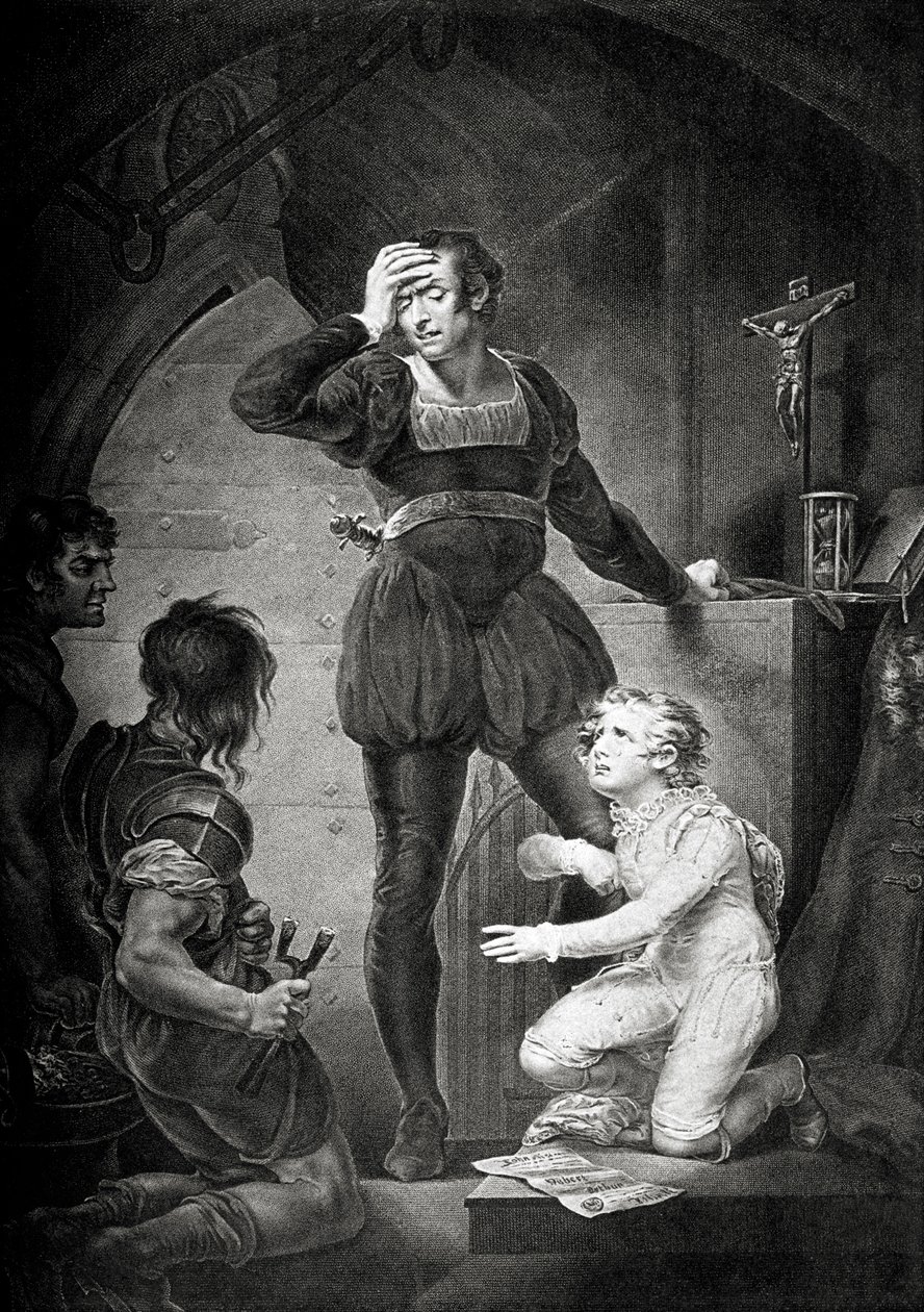 Koning Jan. Act IV, scène I: Hubert met Arthur in de gevangenis door James (after) Northcote