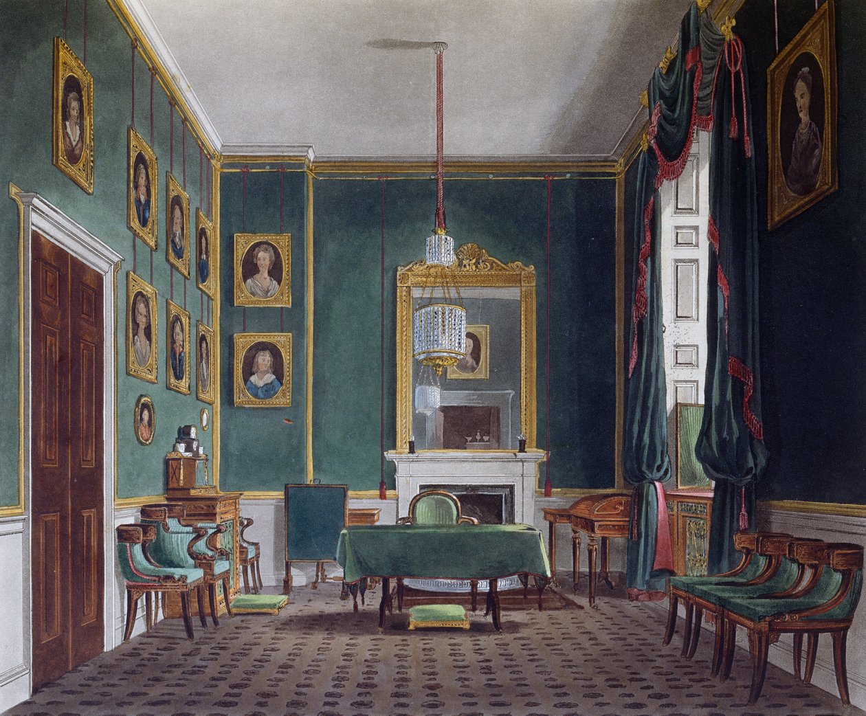 Groene terugtrekkamer, Gravure door Daniel Havell (1785-1826), Gebaseerd op ontwerp van James Stephanoff (ca 1788-1874), Uit The History of the Royal Residences door James (after) Stephanoff