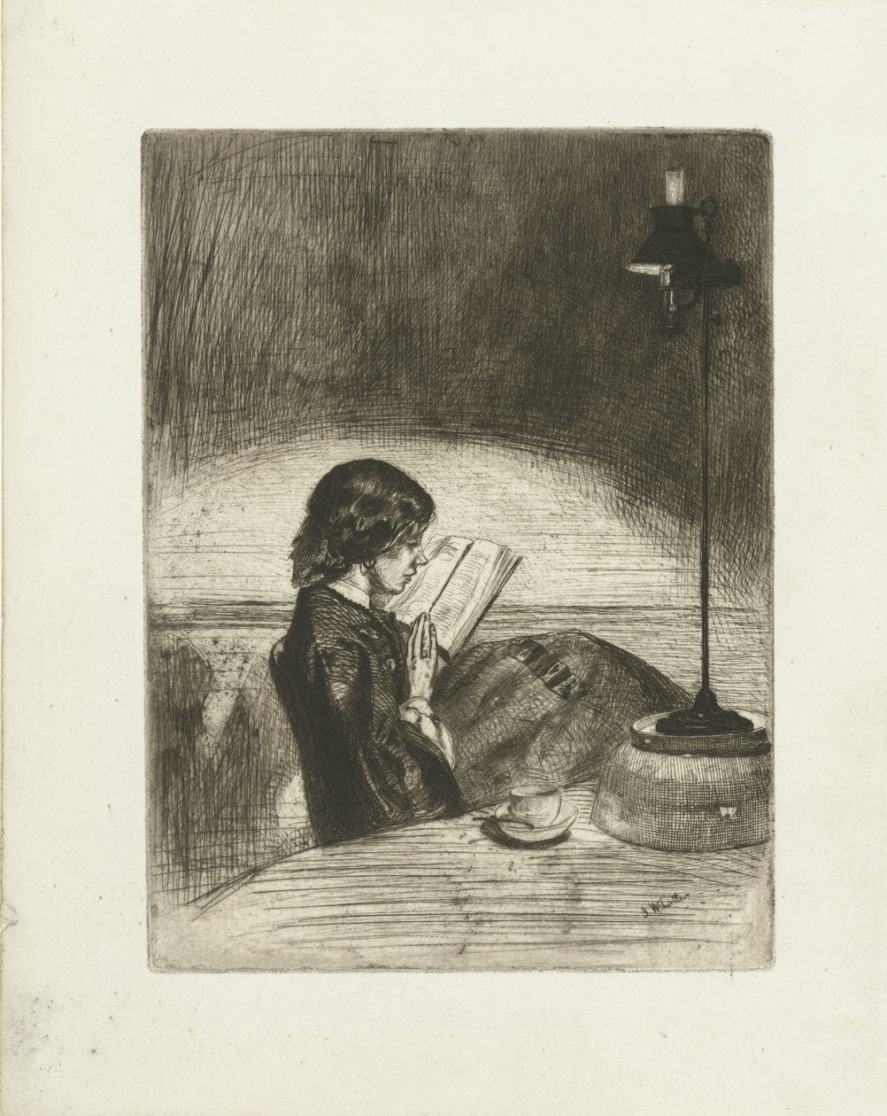 Portret van Deborah Delano lezend door James Abbott McNeill Whistler