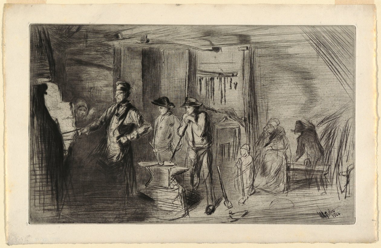 Prent, De smidse, uit de serie Etchings on the Thames and other subjects, 1861 door James Abbott McNeill Whistler