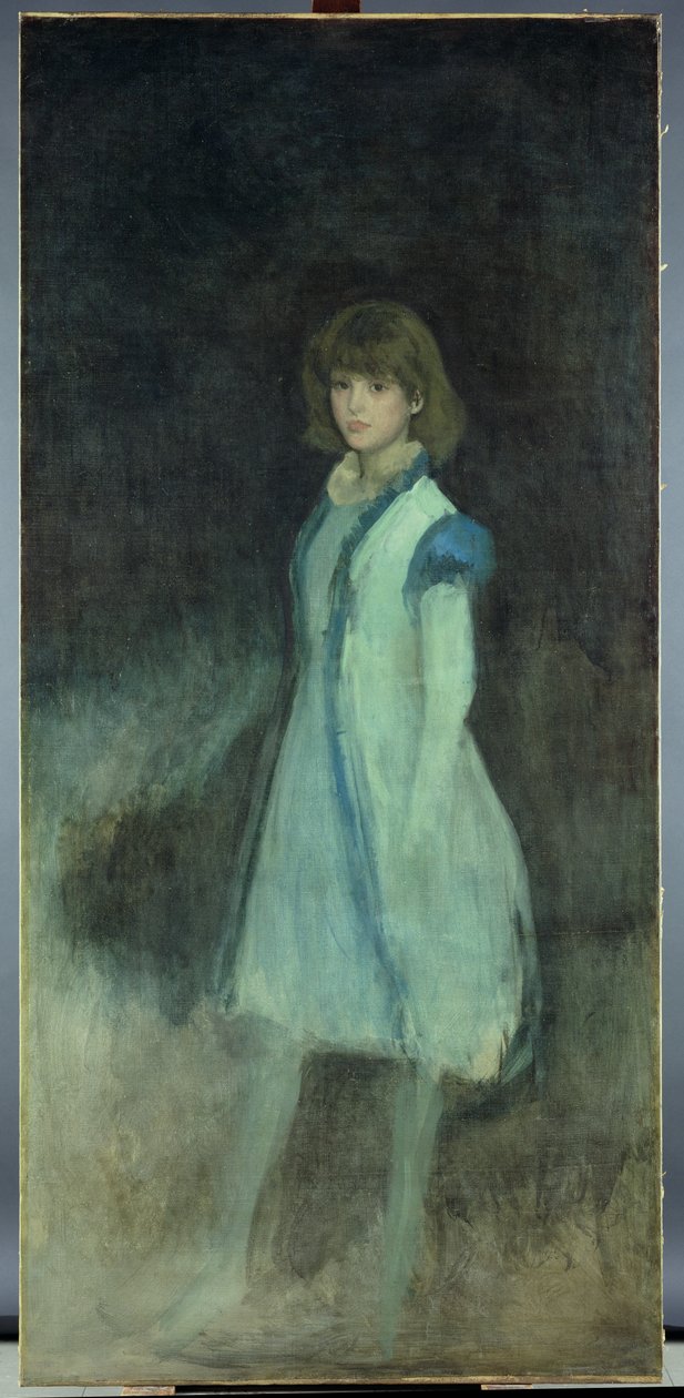 Het blauwe meisje: Portret van Connie Gilchrist door James Abbott McNeill Whistler