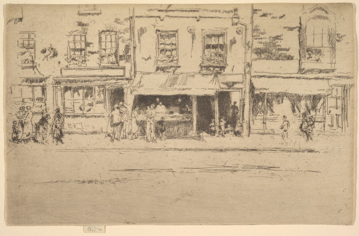 De viswinkel, drukke viswinkel in Chelsea door James Abbott McNeill Whistler