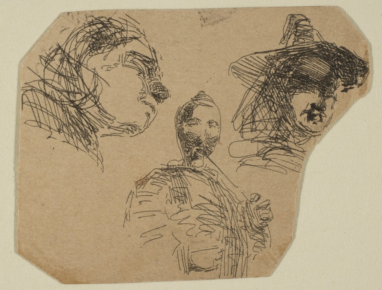 Twee vrouwelijke hoofden en staande figuur uit schetsen op de Coast Survey Plate, 1854-55 door James Abbott McNeill Whistler