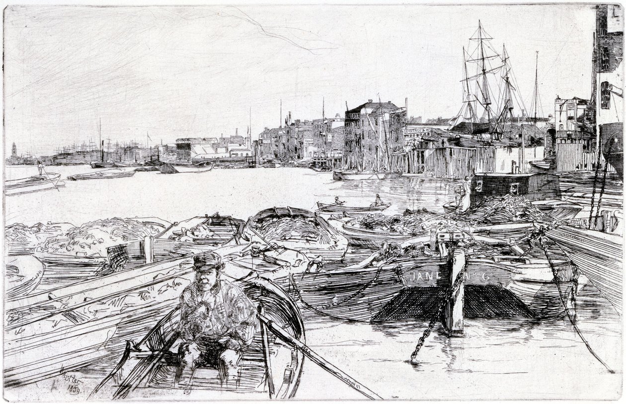 Uitzicht op de Theems, over het Londense bekken (Engeland), in 1859, behoort tot een serie gravures over de Theems, die de gemeenschap van maritieme arbeiders in de Engelse hoofdstad benadrukt door James Abbott McNeill Whistler