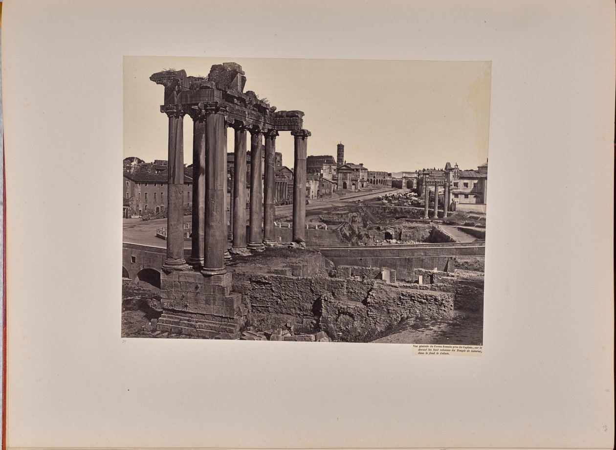 Algemeen uitzicht op het Forum Romanum vanaf het Capitool, met op de voorgrond de acht zuilen van de Tempel van Saturnus en op de achtergrond het Colosseum door James Anderson