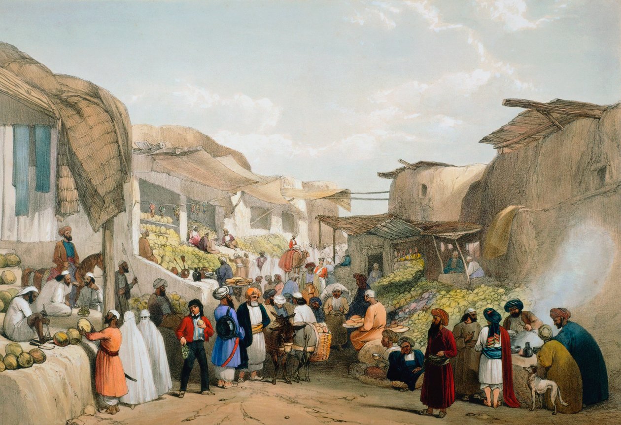 Bazaar in Kabul tijdens het fruitseizoen, Eerste Anglo-Afghaanse Oorlog door James Atkinson