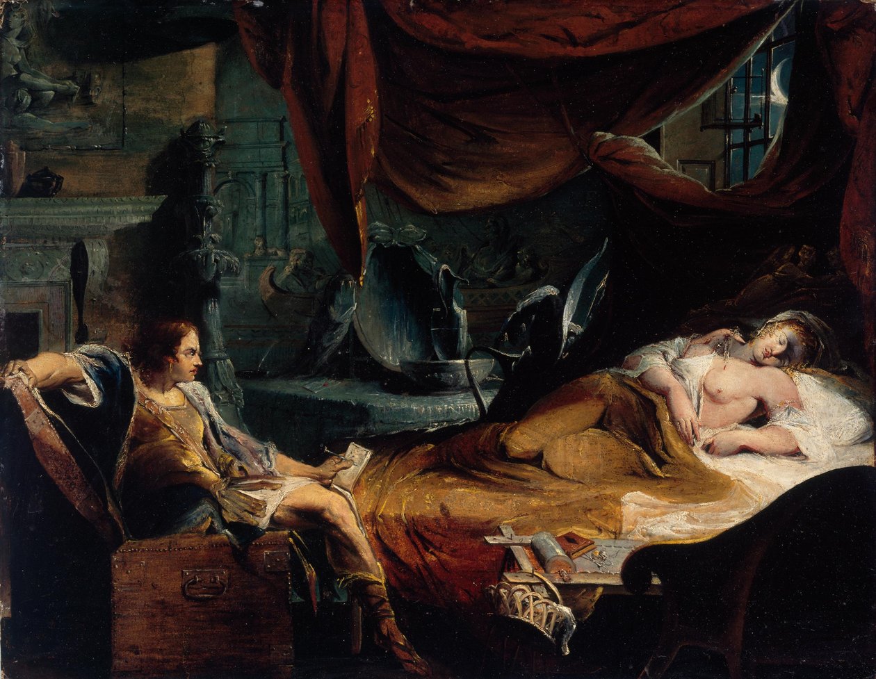 Iachimo komt uit de kist in Imogens kamer door James Barry