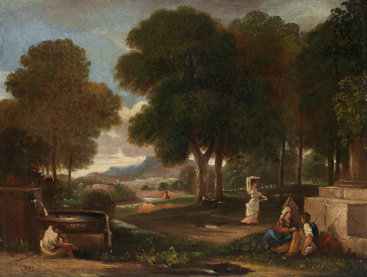 Landschaft mit einem Mann, der seine Füße an einem Brunnen wäscht door James Barry