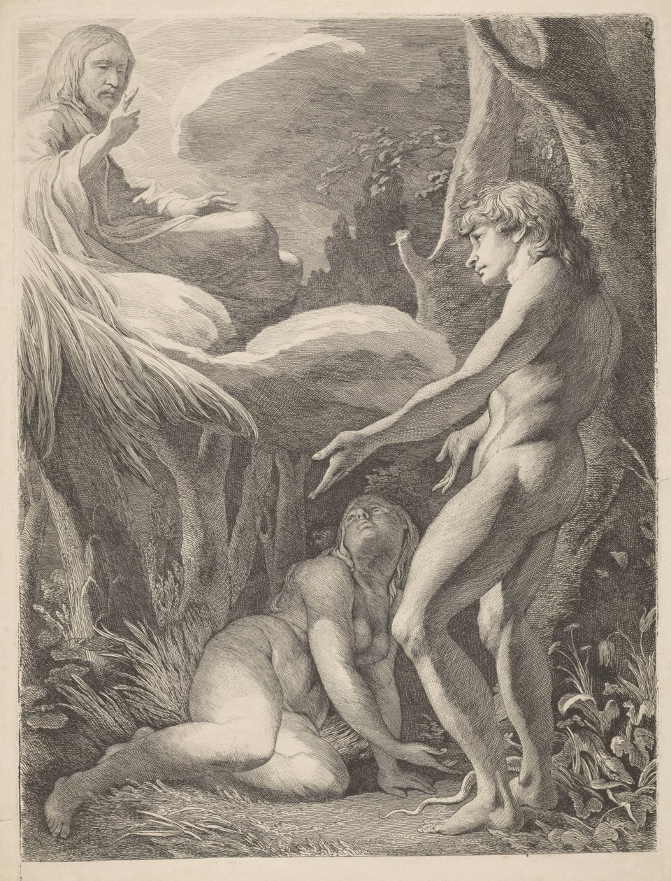 De ontdekking van Adam en Eva na de zondeval door James Barry