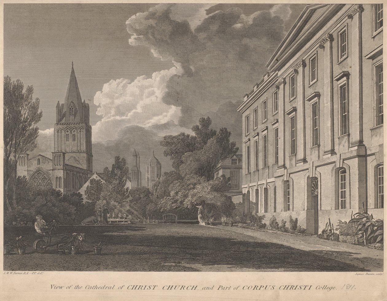 Zicht op de kathedraal van Christ Church en een deel van Corpus Christi College door James Basire