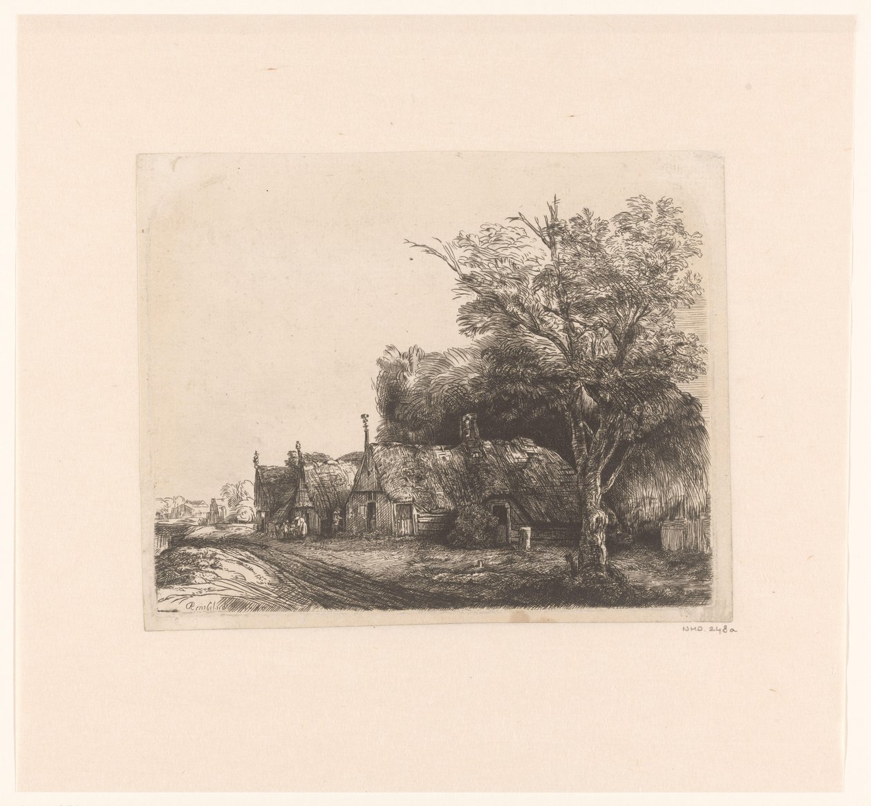 Landschap met drie huisjes met puntgevels langs een weg door James Bretherton