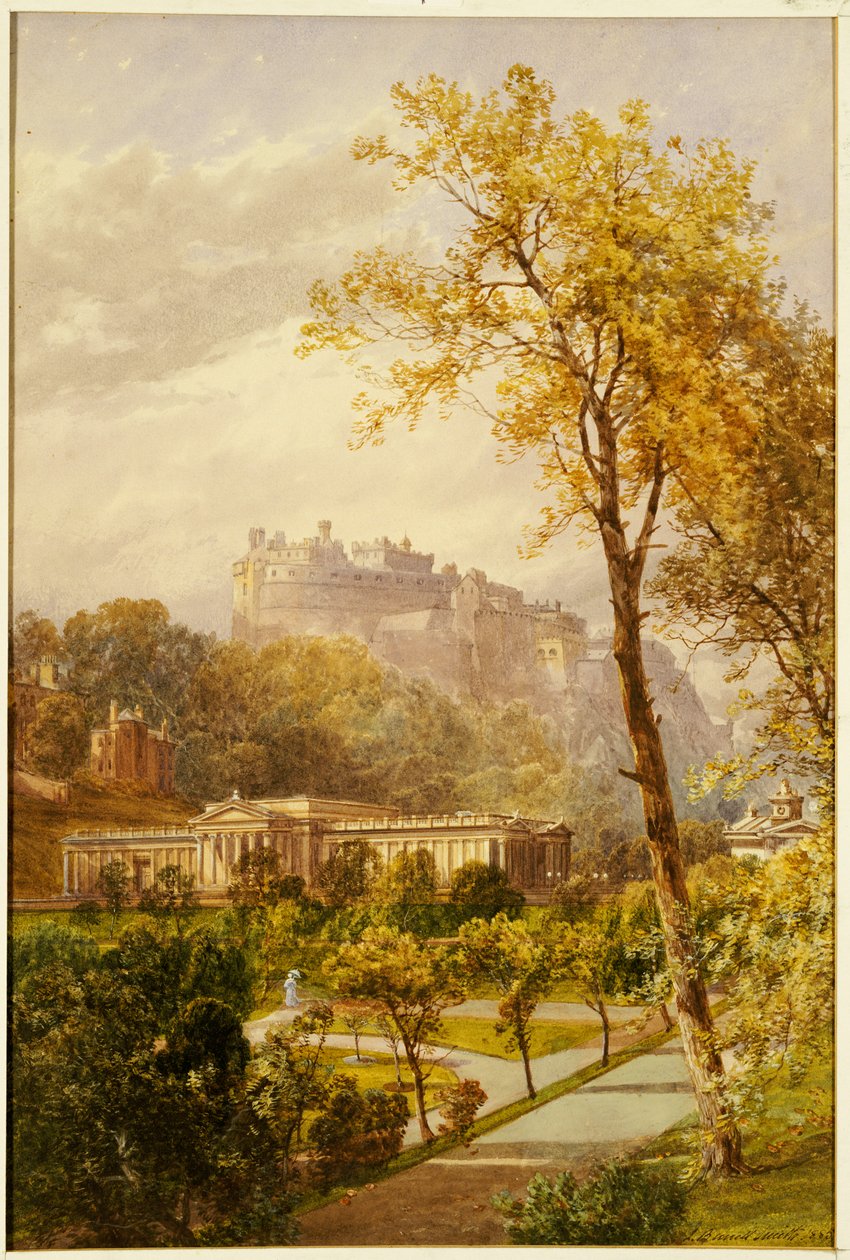 Een uitzicht op Princes Street Gardens en de National Gallery, Edinburgh kijkend naar het westen richting het kasteel, 1855 door James Burrell Smith