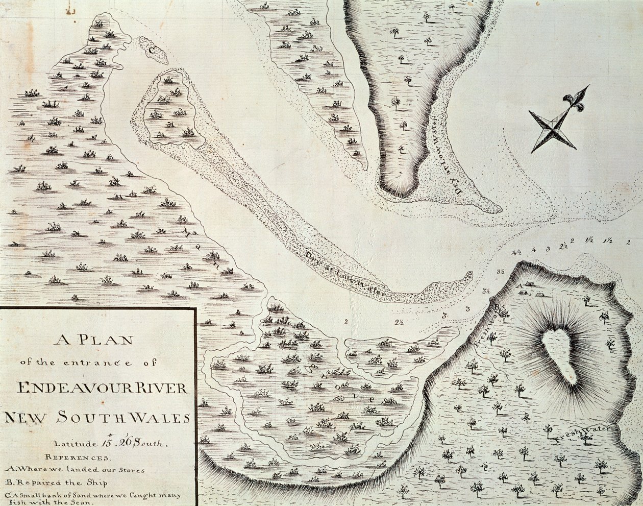 Kaart van de ingang van de Endeavour River, kaart uit verslag van de eerste reis onder leiding van James Cook (1728-1779) tussen 1768 en 1771, Australië door James Cook