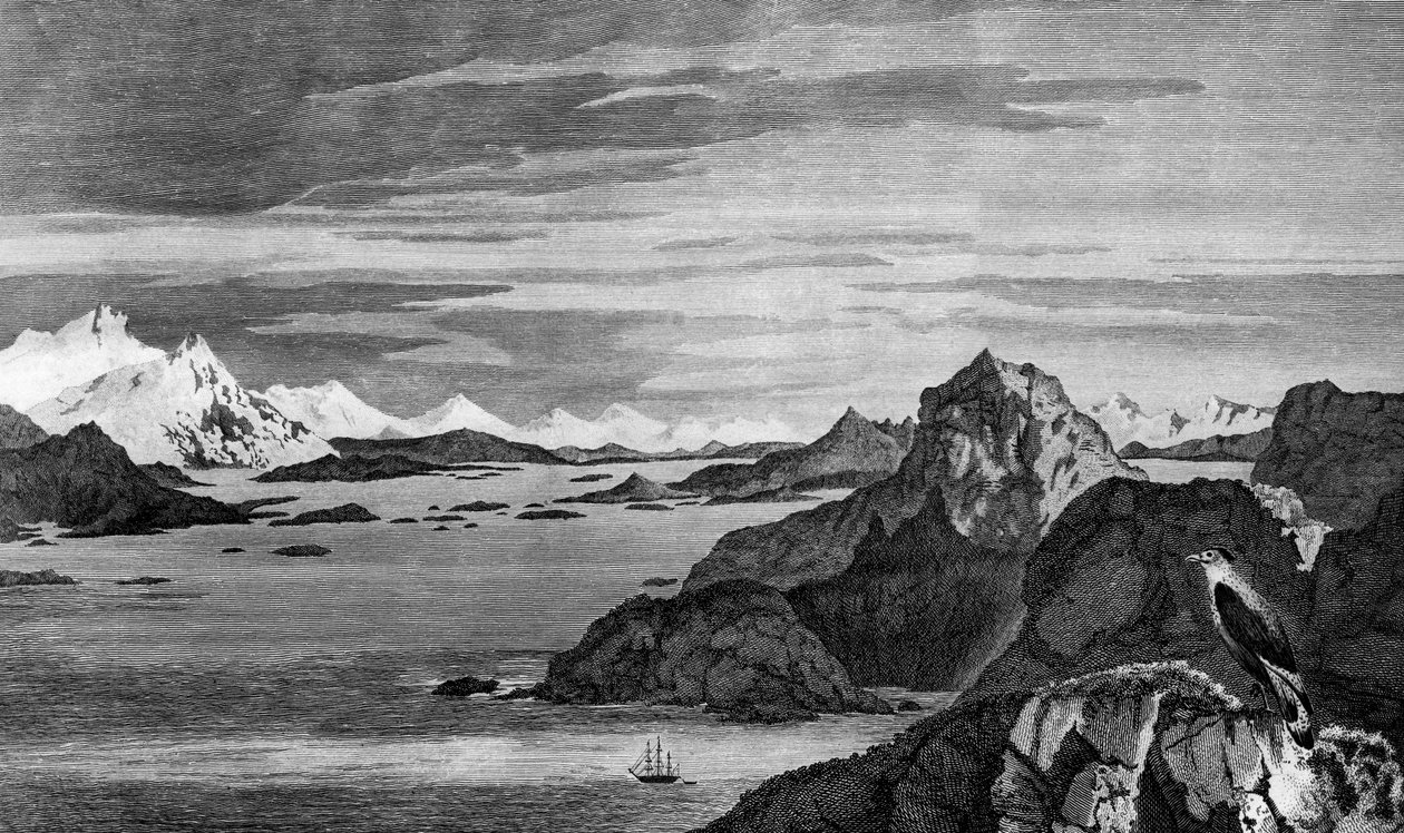 Uitzicht op Christmas Sound, Tierra del Fuego, tekening door William Hodges, gravure door William Watts, illustratie uit 