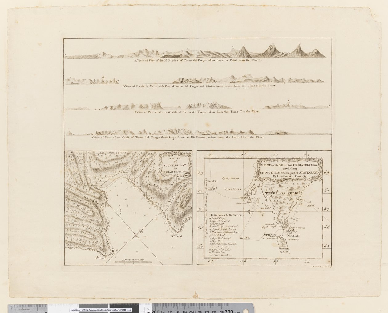 Vier profielen van de kust van Terra del Fuego, een plan van Success Bay in Straat le Maire, een kaart van het zuidoostelijke deel van Terra del Fuego, gegraveerd door T. Borven en J. Gibson door James Cook