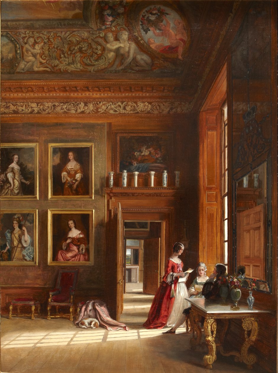 Een romantisch uitzicht op de grote slaapkamer van de koning met een groep mensen in 17e-eeuwse kostuums, ca. 1703-05 door James Digman Wingfield