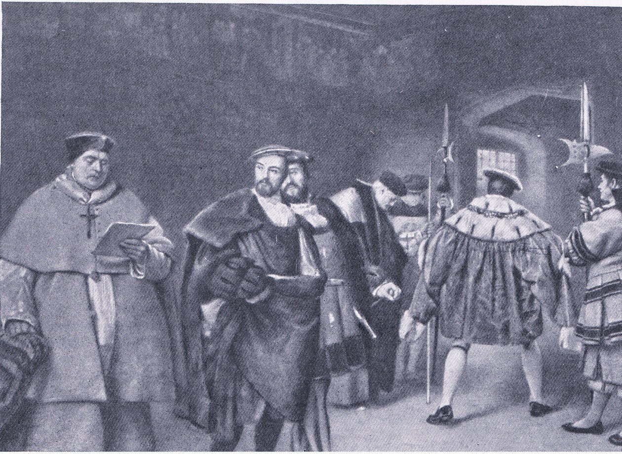 Ontslag van Kardinaal Wolsey door Koning Hendrik VIII, uit Cassells Geschiedenis van het Britse Volk gepubliceerd door de Waverley Book Company, ca. 1950s door James Dromgole Linton