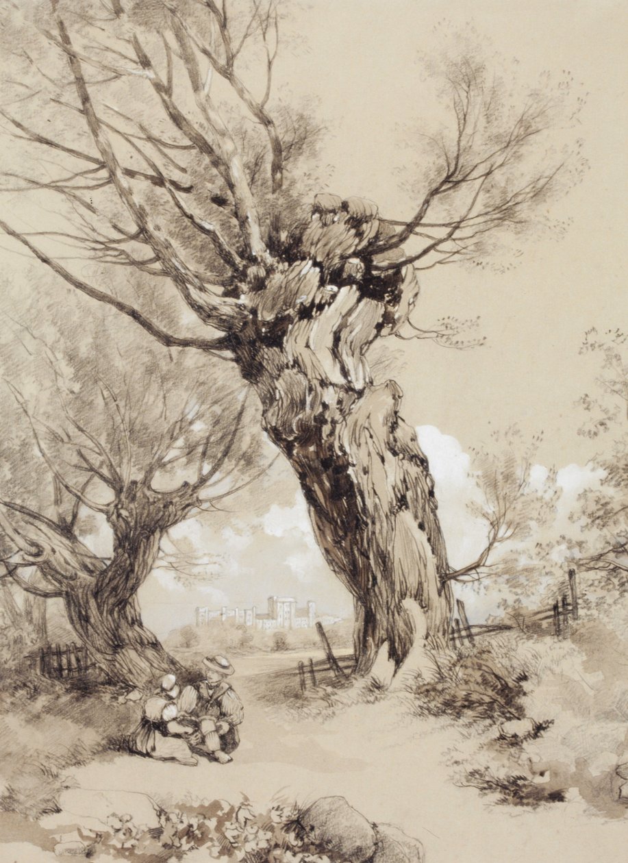 Landschap met figuren onder geknotte bomen door James Duffield Harding