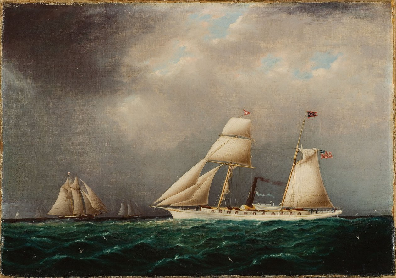 Amerikaans stoomzeiljacht EMILY op zee met vier schoeners voor de boeg door James E. Buttersworth