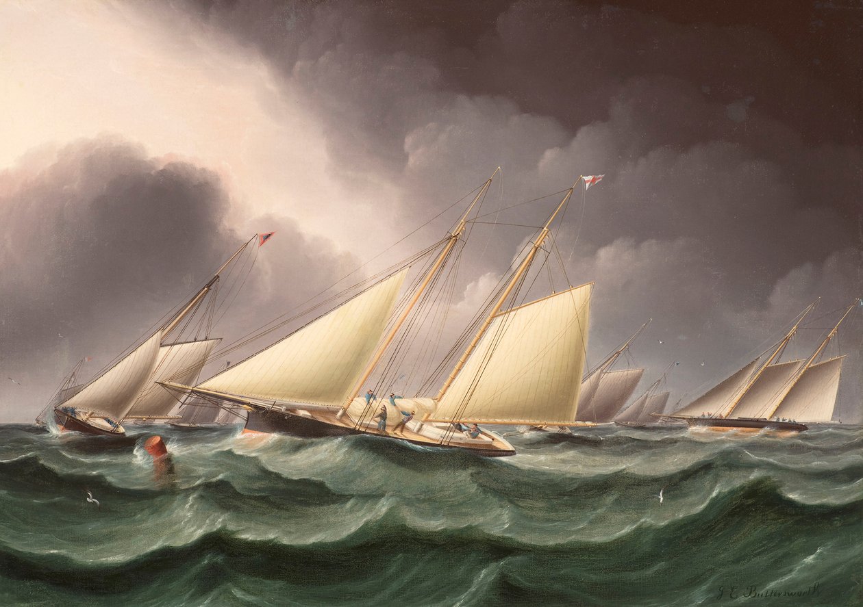 Columbia en Wenonah rond zuidwestelijke spitboei door James E. Buttersworth door James E. Buttersworth