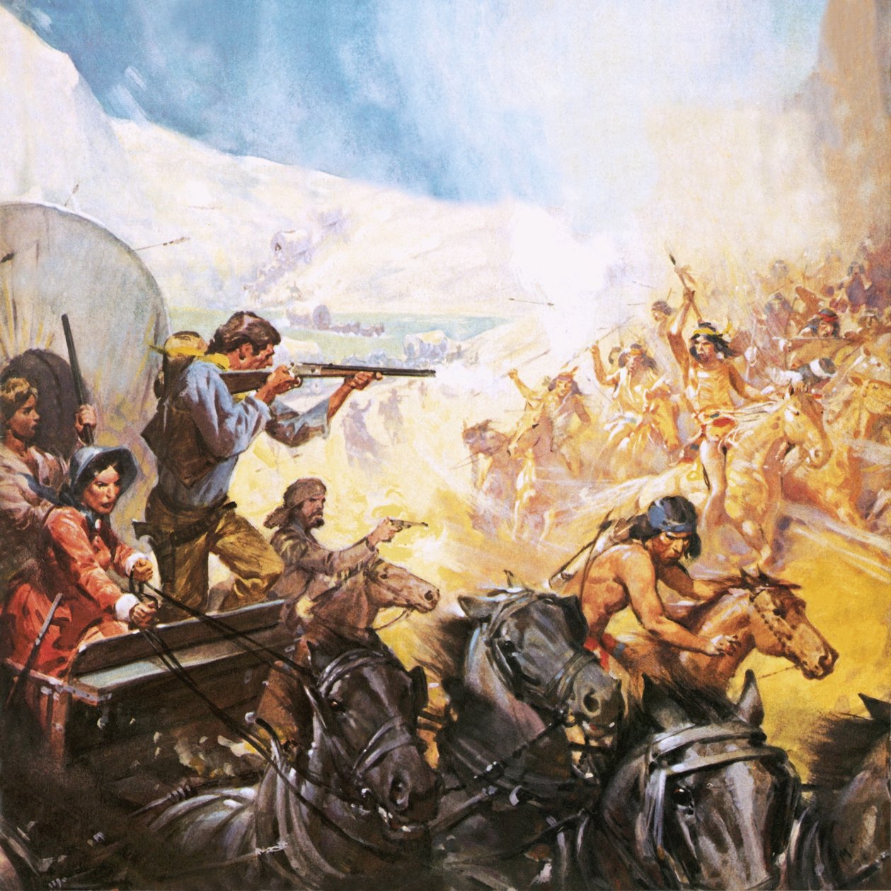 Amerikaanse pioniers schieten op rode indianen door James Edwin McConnell