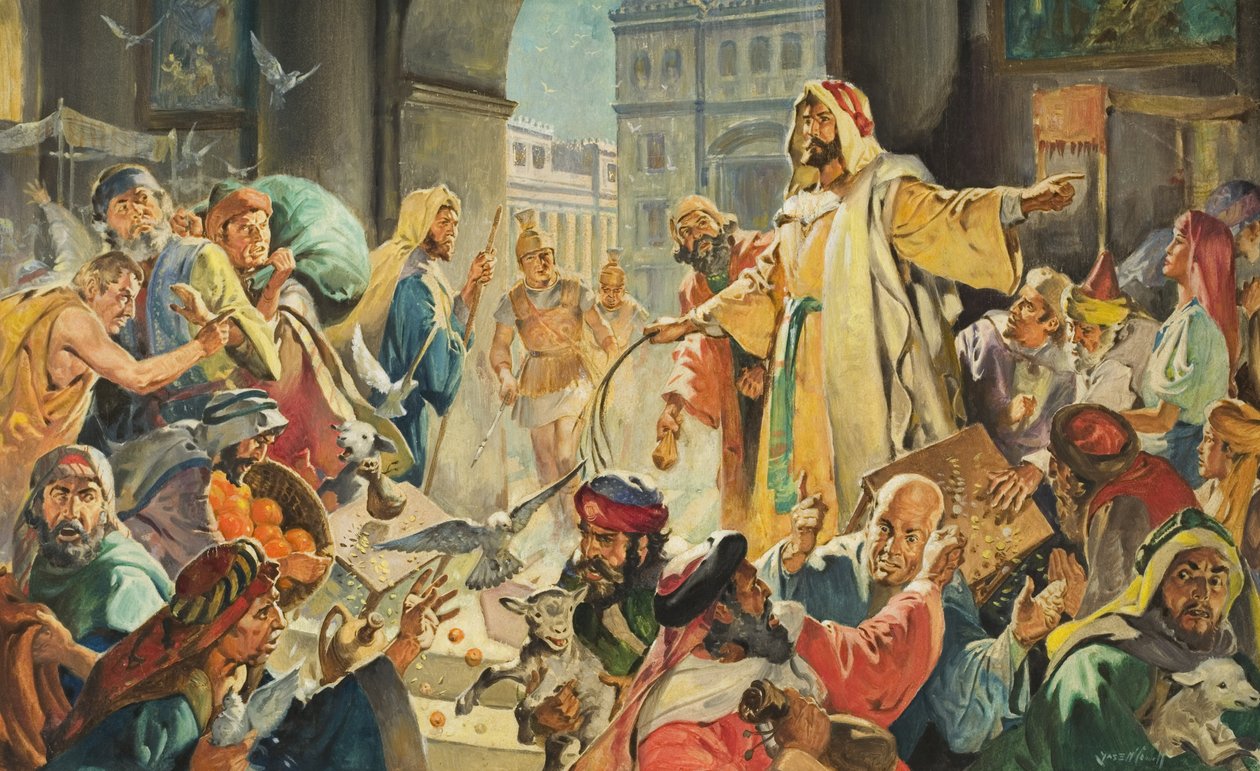 Jezus verwijdert de geldschieters uit de tempel (gouache op papier) door James Edwin McConnell