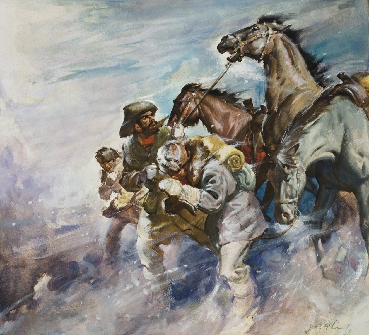 Mannen en paarden vechten tegen een storm (gouache op papier) door James Edwin McConnell