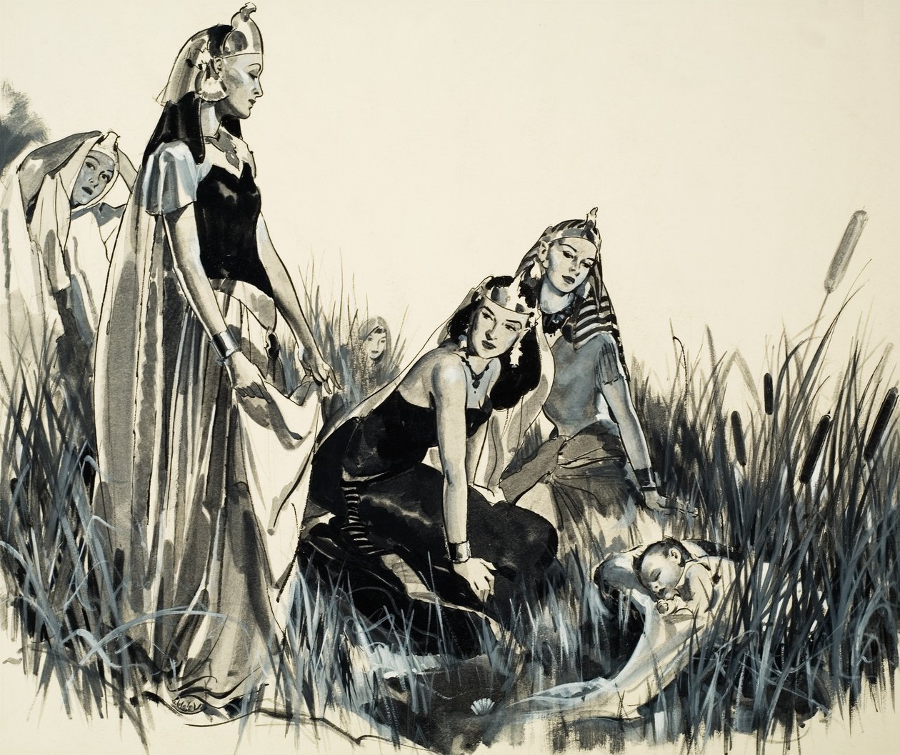 Mozes is gevonden tussen de stierenstruiken (gouache op papier) door James Edwin McConnell