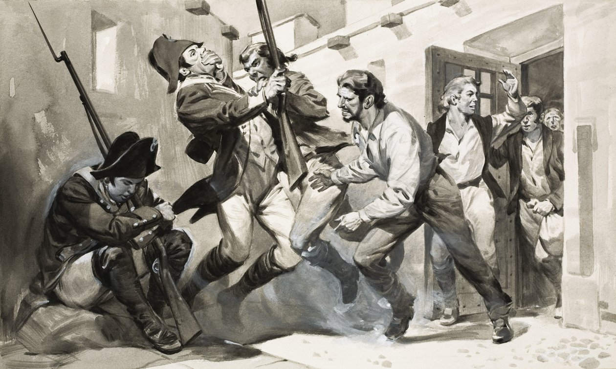 William Scoresby ontsnapt uit Spaanse gevangenis (gouache op papier) door James Edwin McConnell