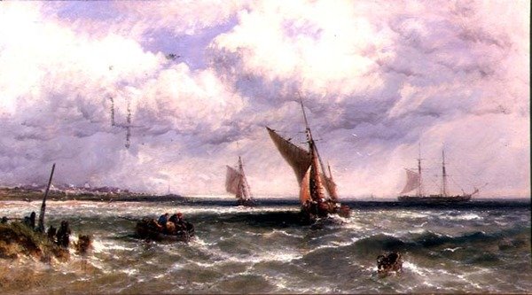 Vissersboten Komen aan Land met een Tweemaster voor Anker door James Edwin Meadows
