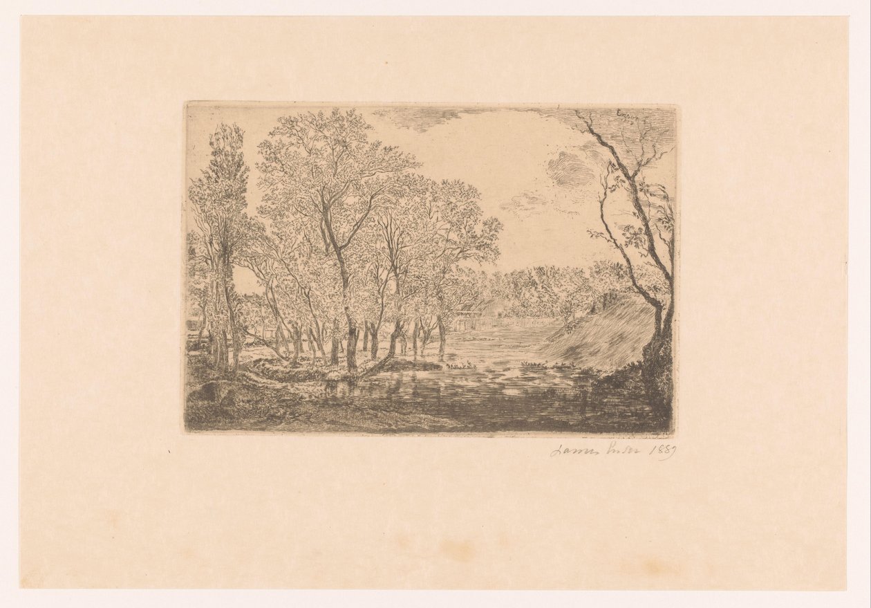 Landschap met populieren aan het water door James Ensor