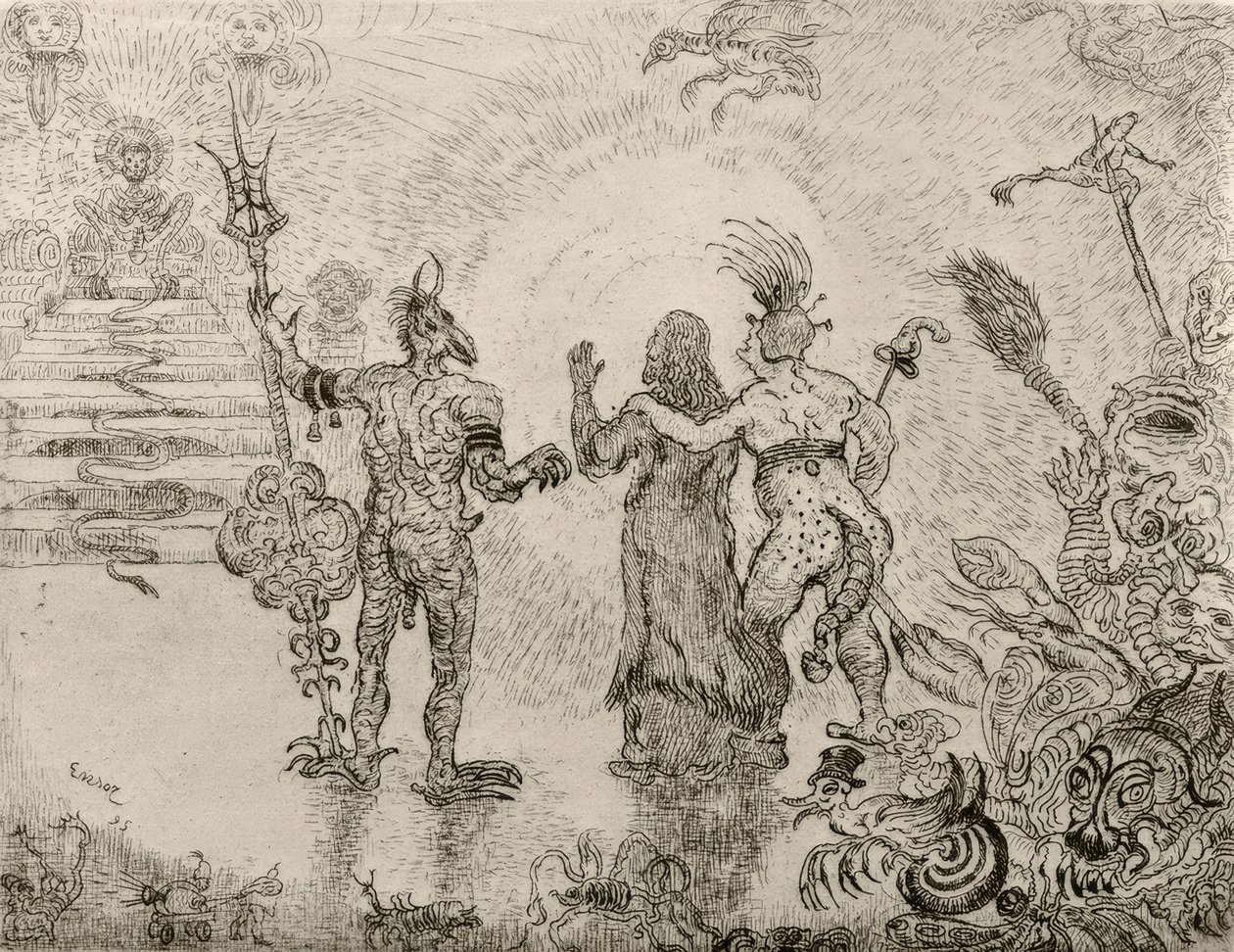 Les diables Dzitts et Hihanox conduisant le Christ aux enfers door James Sidney Ensor