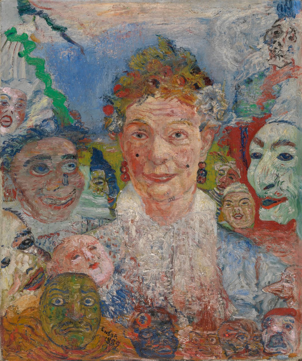 Oude dame met maskers door James Ensor