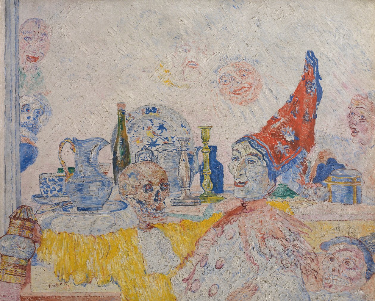 Pierrot en skelet in een gele mantel door James Ensor