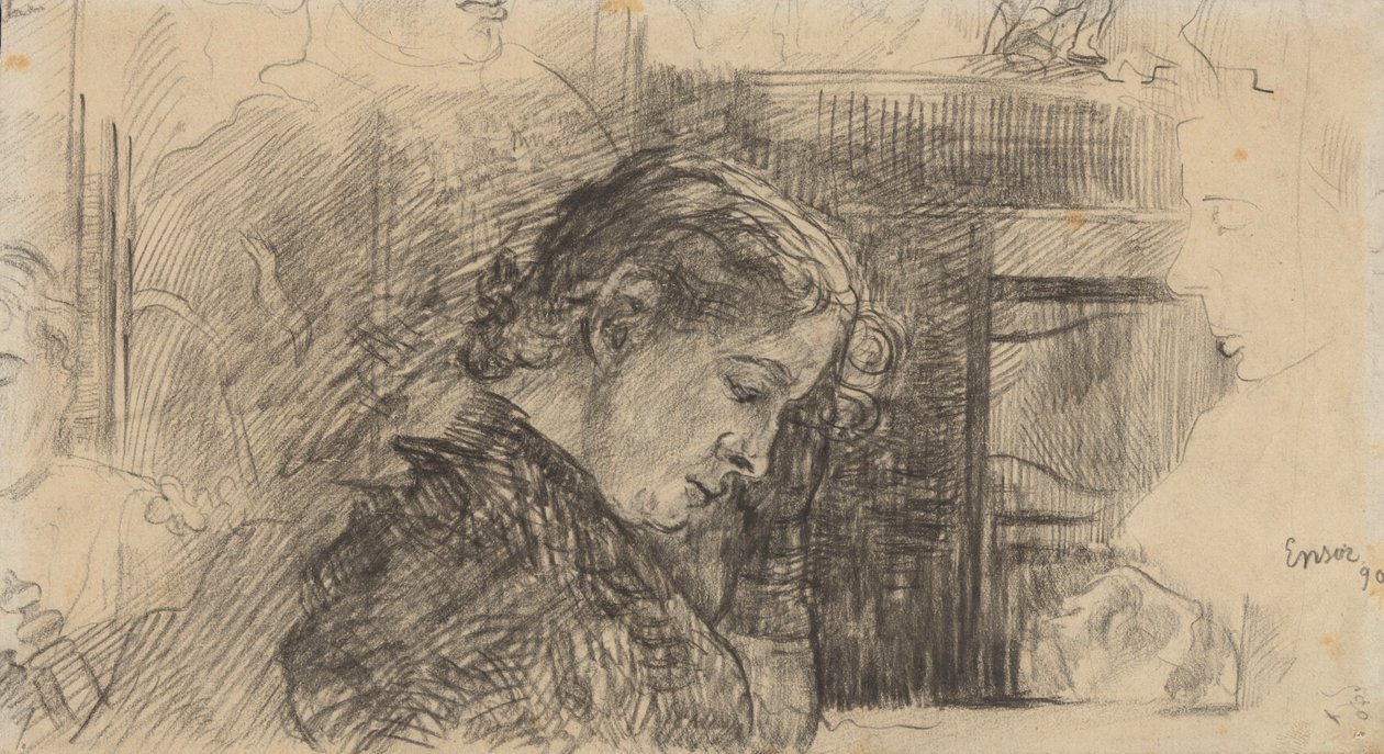 Profiel van een vrouw (Mariette Rousseau) en andere figuren door James Ensor