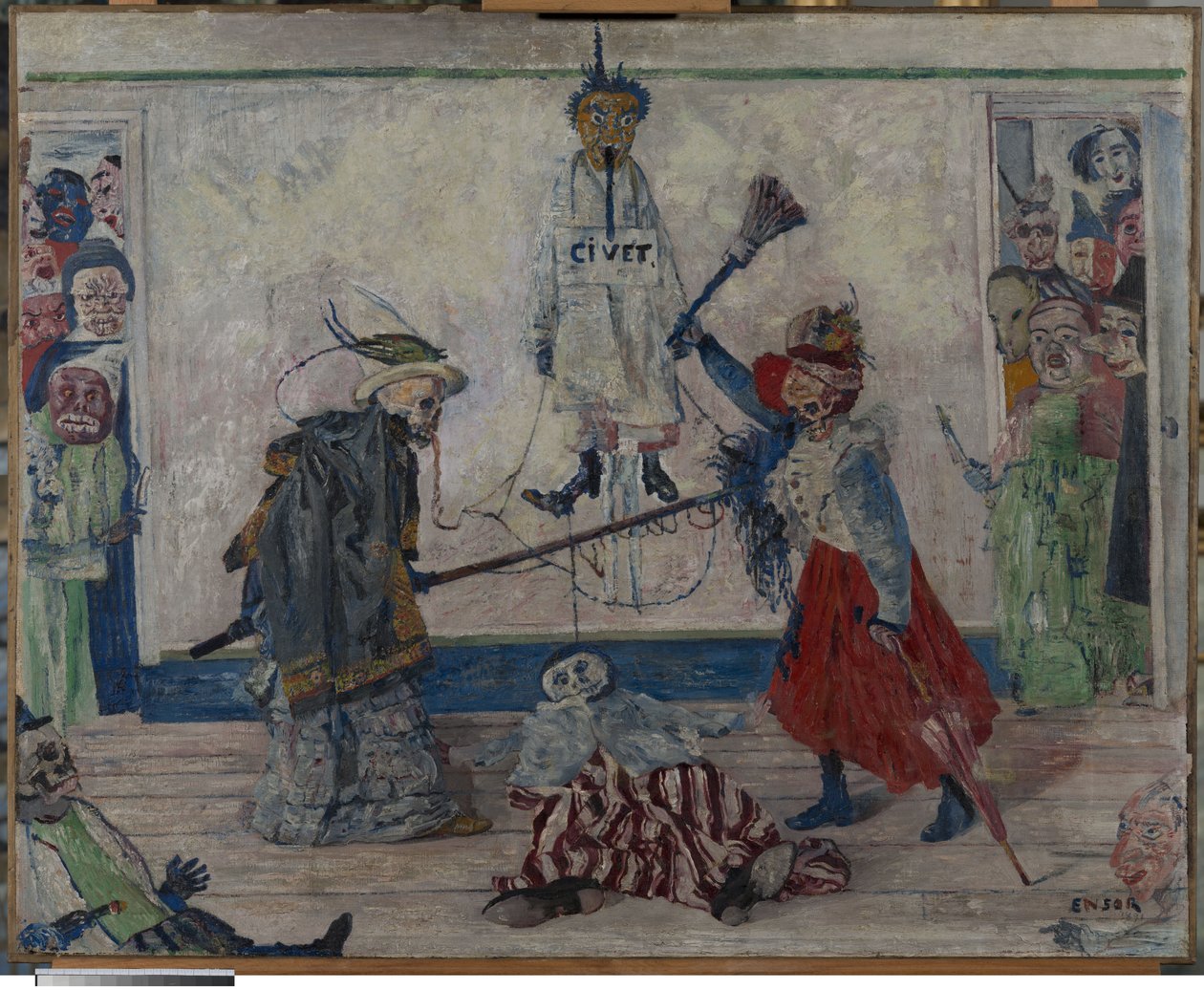 Skeletten vechten om het lichaam van een gehangene door James Ensor