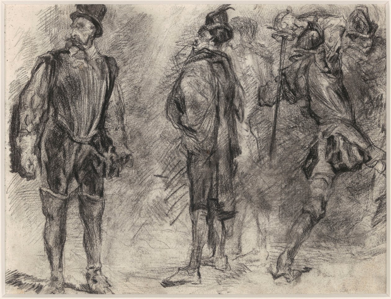 Drie Spaanse soldaten, waarvan één met een zwaard in de hand door James Ensor