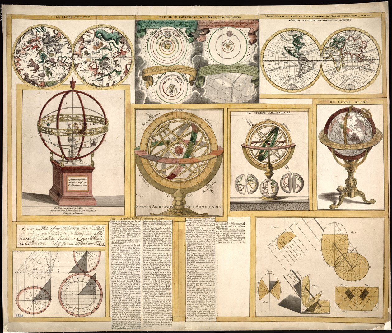 Verzameling van negen afbeeldingen waaronder astronomische instrumenten, hemelkaarten en een wereldkaart. LOC 2013593153 door James Ferguson