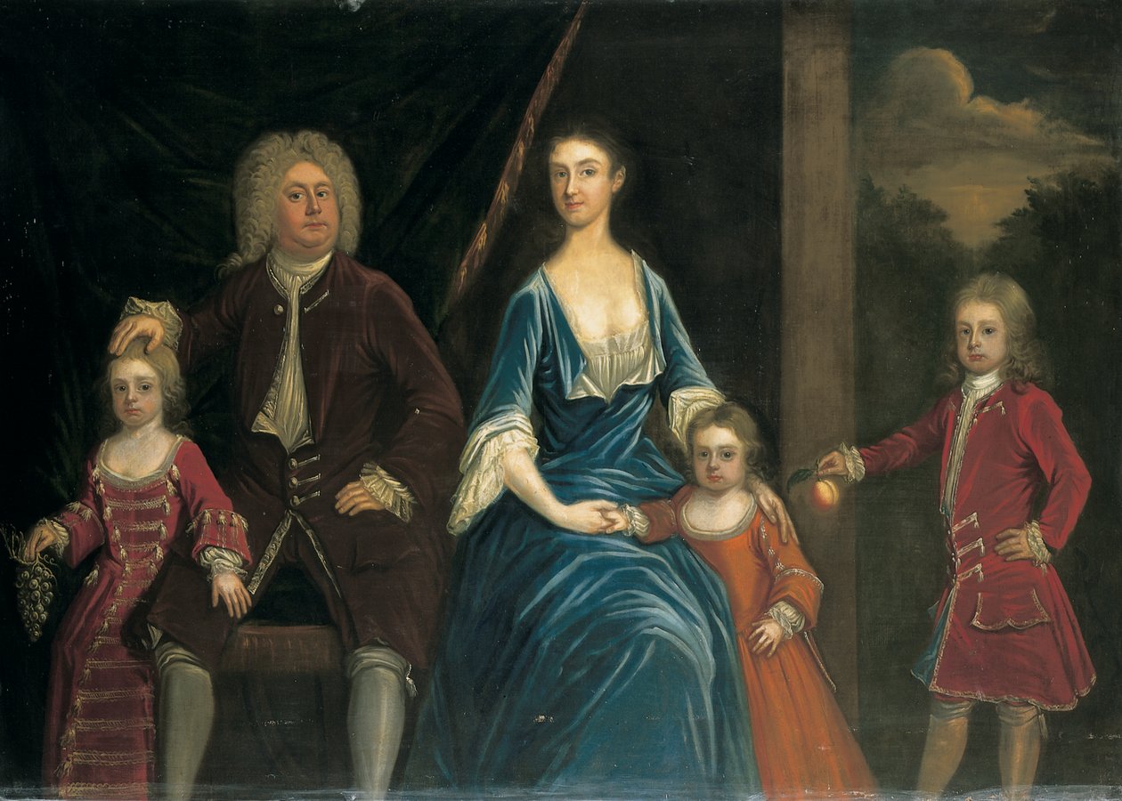 Groepsportret van Henry, 5e Lord Arundell van Wardour en zijn vrouw Elizabeth, samen met hun kinderen, in een interieur, een landschap op de achtergrond door James Francis Maubert