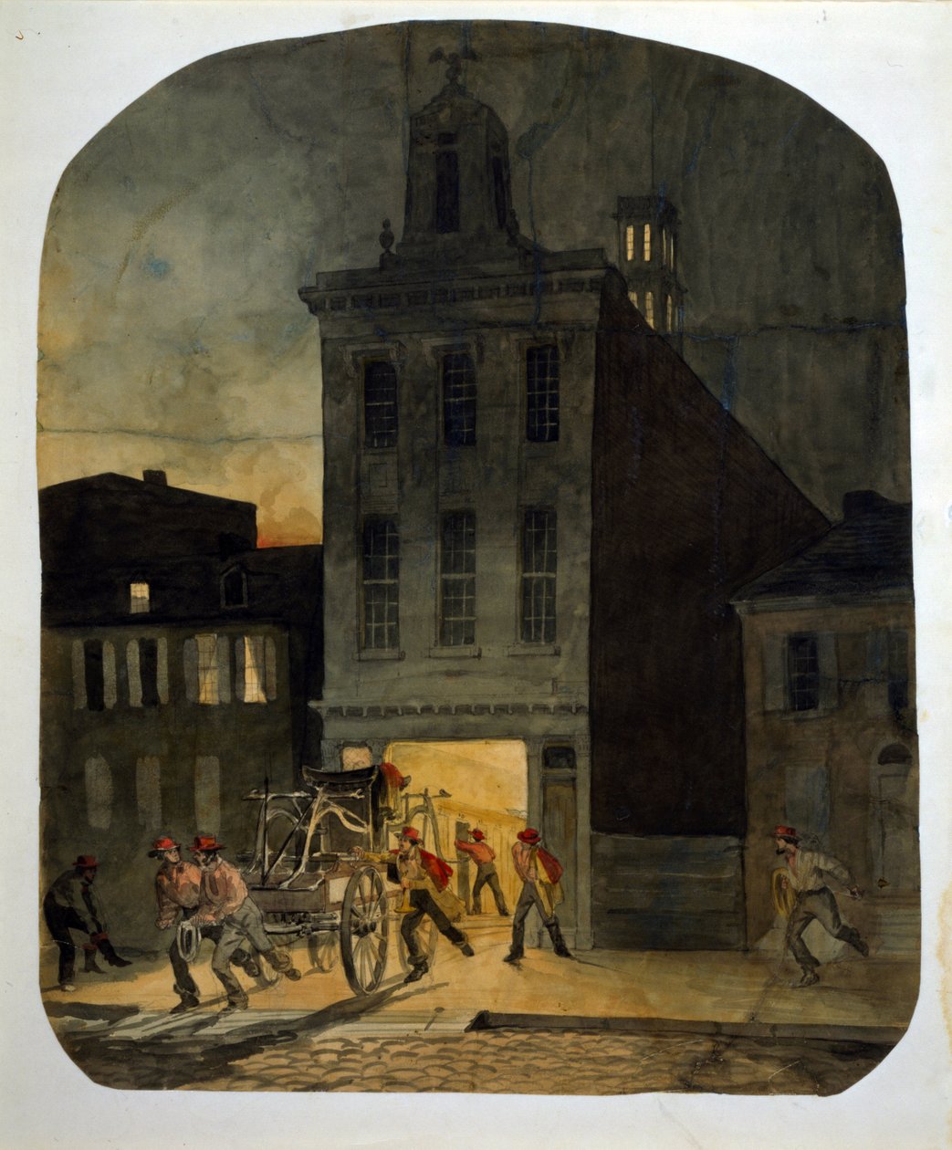 Philadelphia Brandweer verlaat de kazerne om naar de plaats van de brand te gaan. Aquarel door James Fuller Queen (1820-1866) 1857. door James Fuller Queen