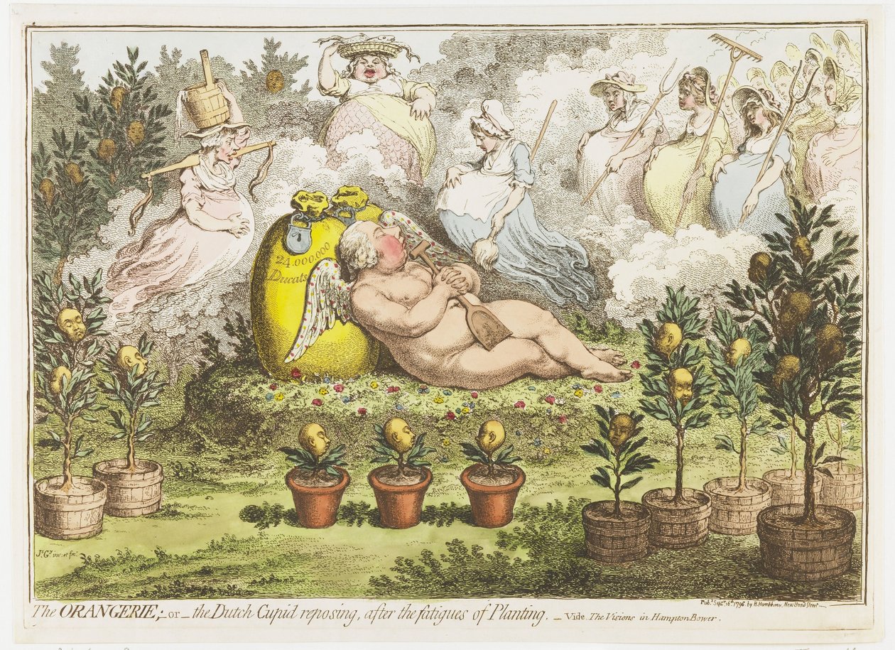 De Orangerie: De Hollandse Cupido, uitrustend van de vermoeienissen van het planten, 1796 door James Gillray (signed by artist)