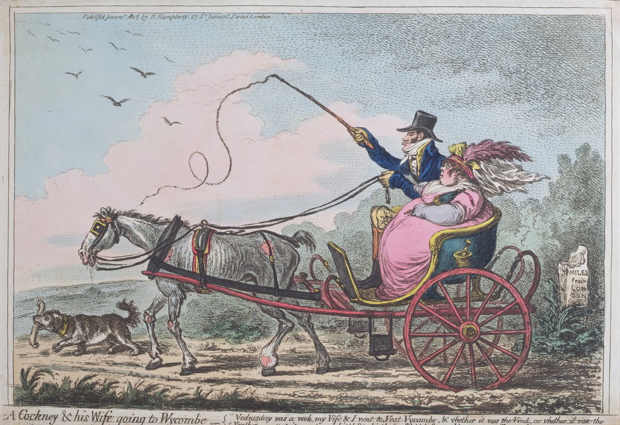 Een Cockney en zijn Vrouw op weg naar Wycombe, gepubliceerd door Hannah Humphrey in 1805 door James Gillray