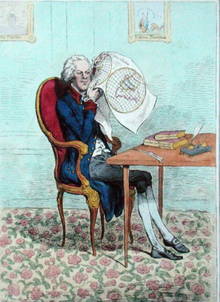 Een scherpziende politicus ontdekt de Britse veroveringen, gepubliceerd door Hannah Humphrey in 1795 door James Gillray