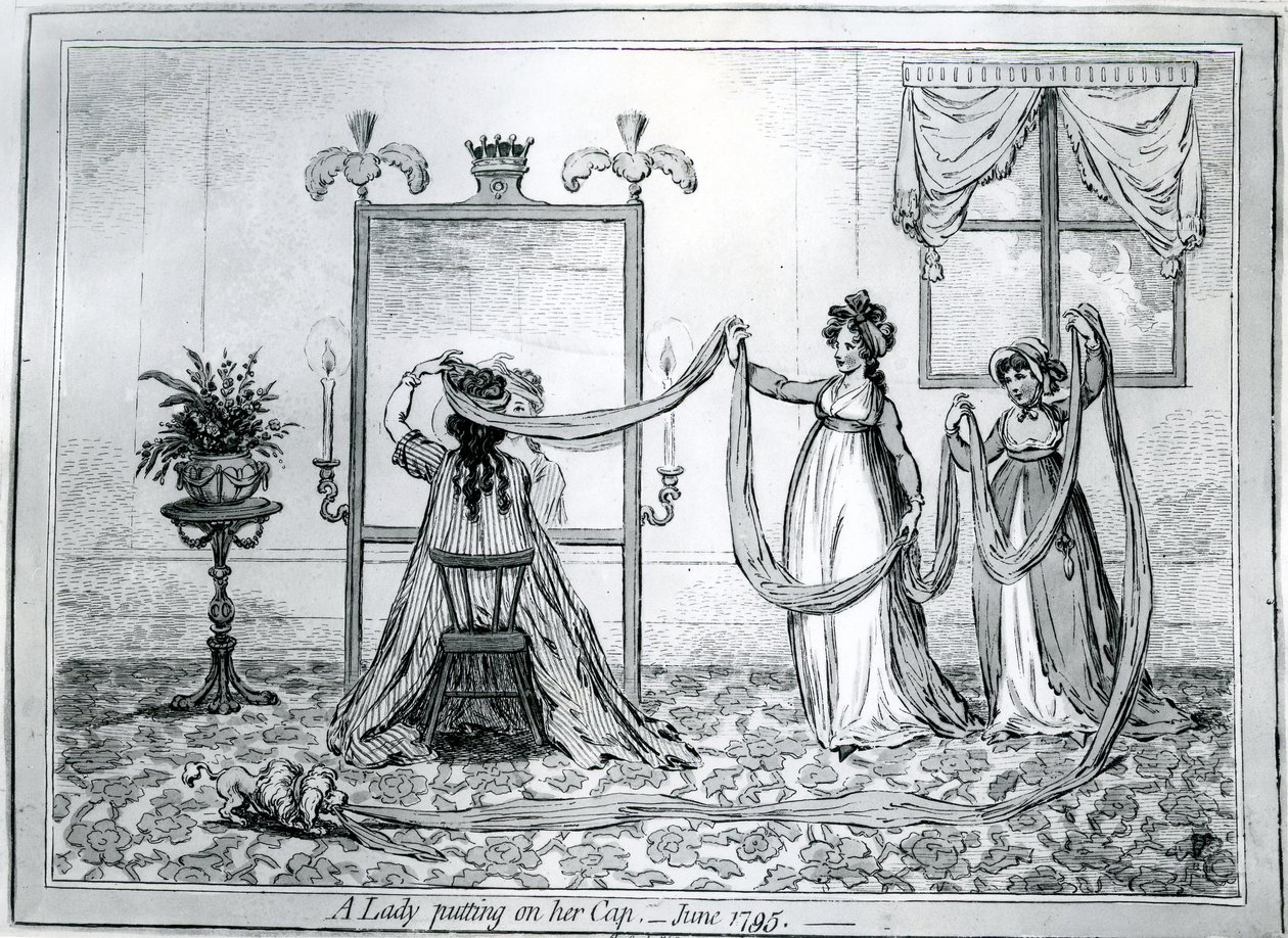Een dame die haar hoed opzet, 1795 door James Gillray