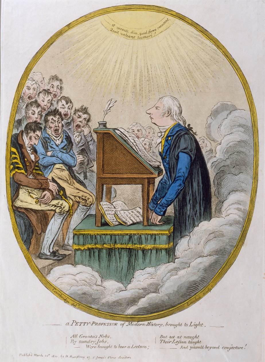 Een kleine professor van moderne geschiedenis aan het licht gebracht, gepubliceerd door Hannah Humphrey in 1810 door James Gillray