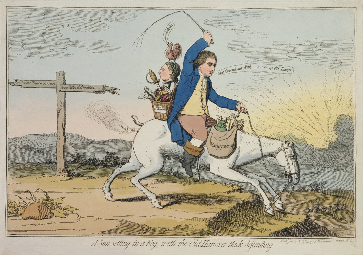 Een Zonsondergang in de Mist, met de Oude Hannover Hack die verdedigt, uitgegeven door J. Williams in 1783 door James Gillray