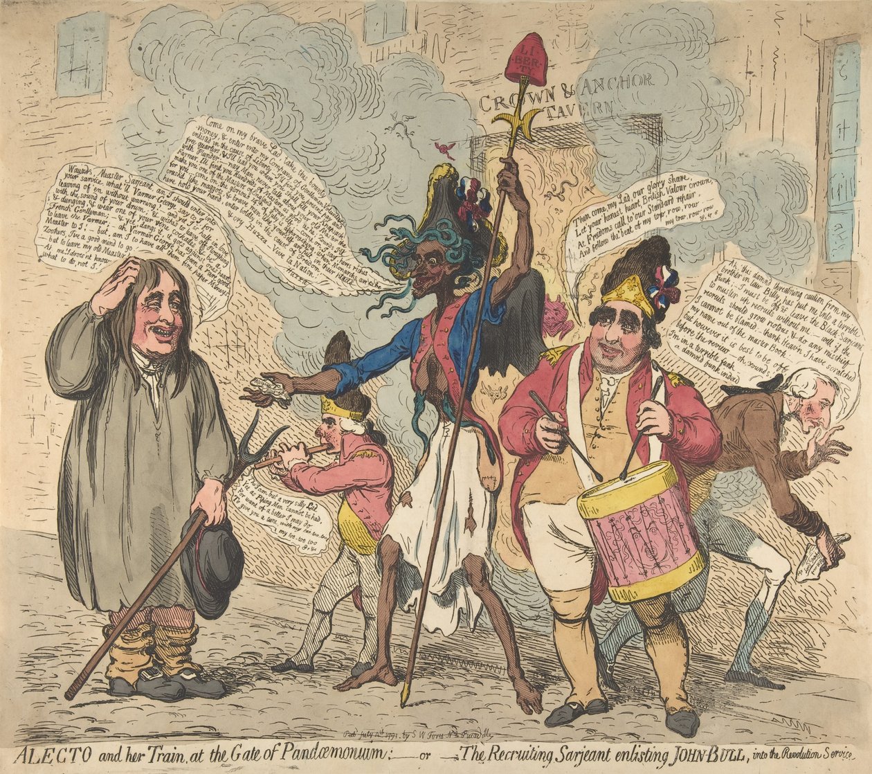 Alecto en Haar Gevolg, bij de Poort van Pandaemonium: of De Wervingssergeant door James Gillray